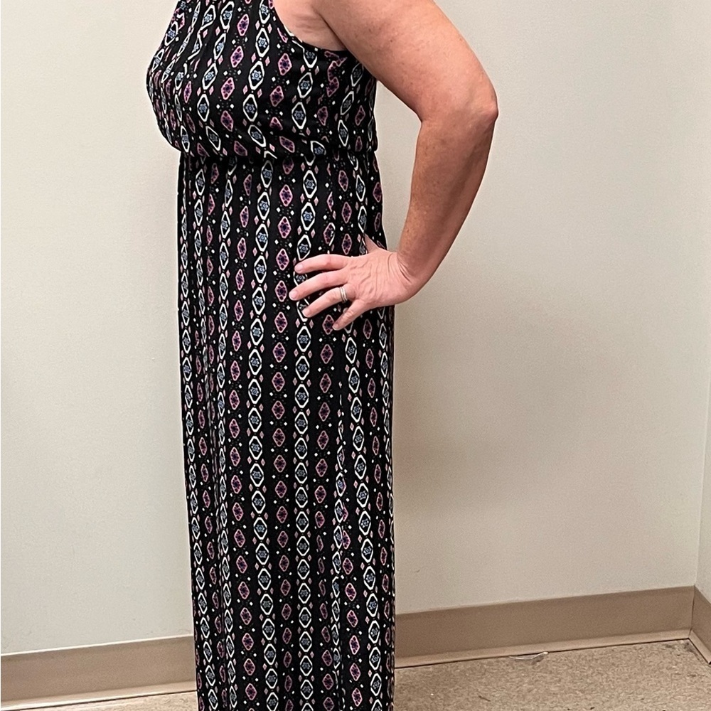Maxi dress empire elastic waist drawstring tie neck slip-on vertical print sz Sm